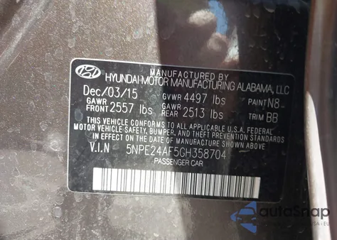 2016 Hyundai Sonata Se из США, поврежденный, VIN 5NPE24AF5GH358704